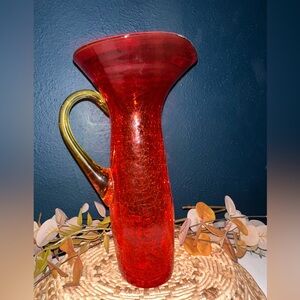 Blenko Crackle Glass Pitcher with Yellow Handle **RARE**